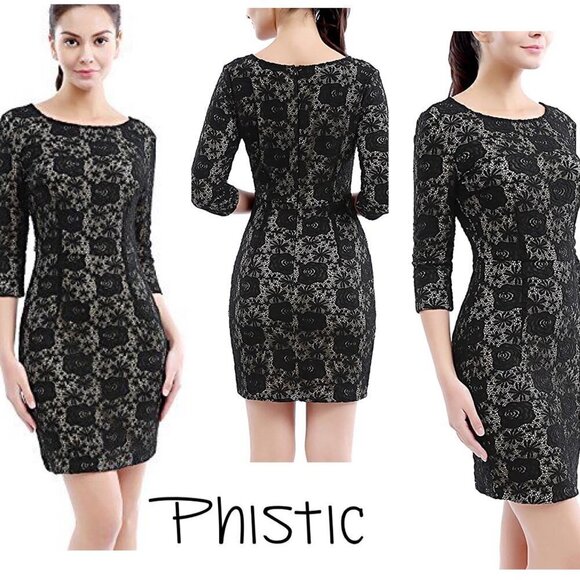 phistic Women's Tess Lace Sheath Dress black and nude elbow sleeves - Picture 1 of 12